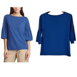 RALPH LAUREN Bell Sleeve Boat Neck Blouse Size Small Pottery Blue Pintuck